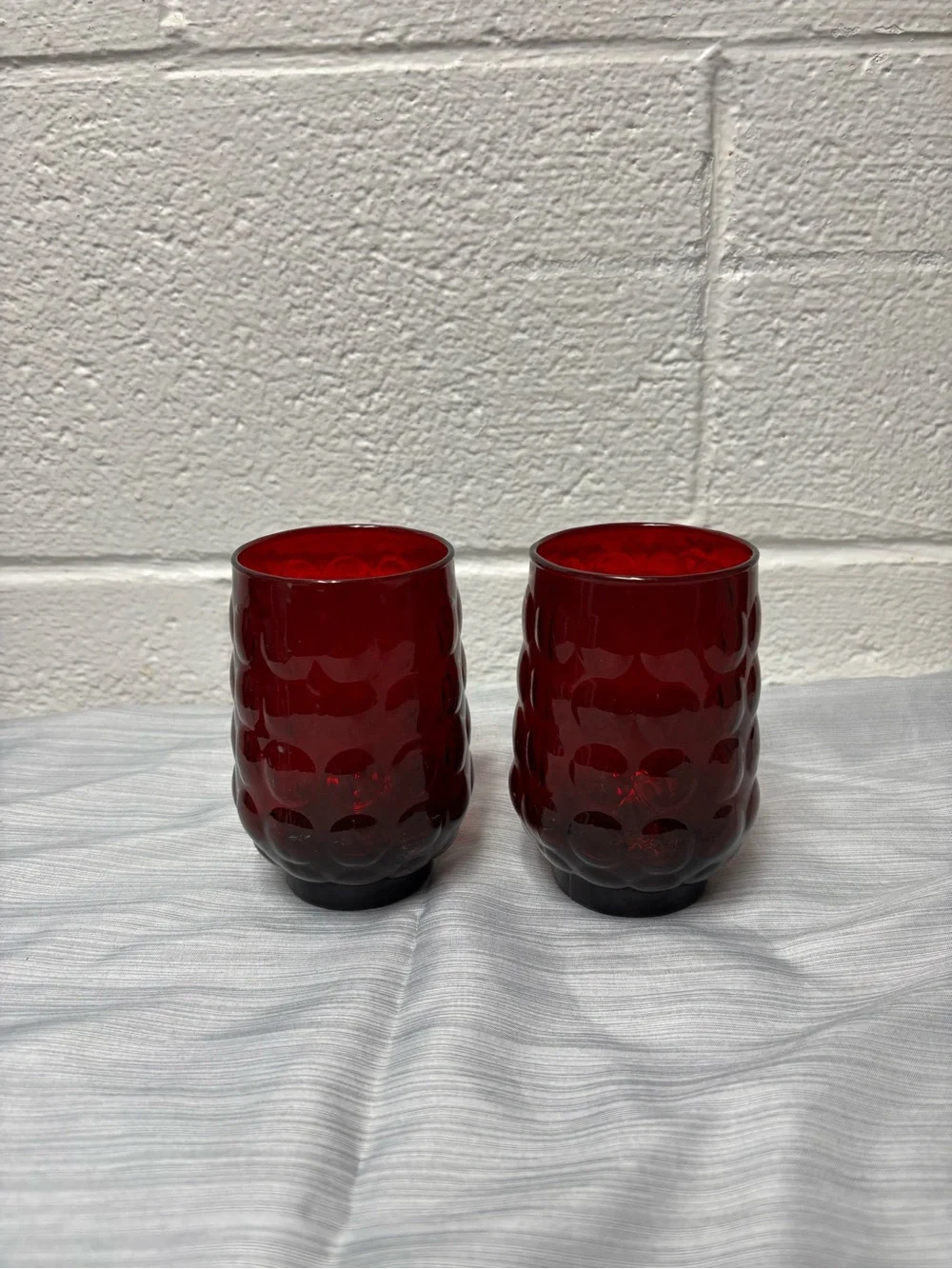 Vintage Ruby Red Bubble Glass Tumblers Set of 2 Mid Century Retro Drinkware
